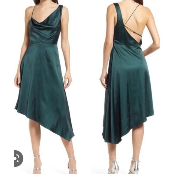 Lulus Dresses & Skirts - Lulus NWOT Cowl Neck Satin Asymmetrical Midi Dress Green Size M